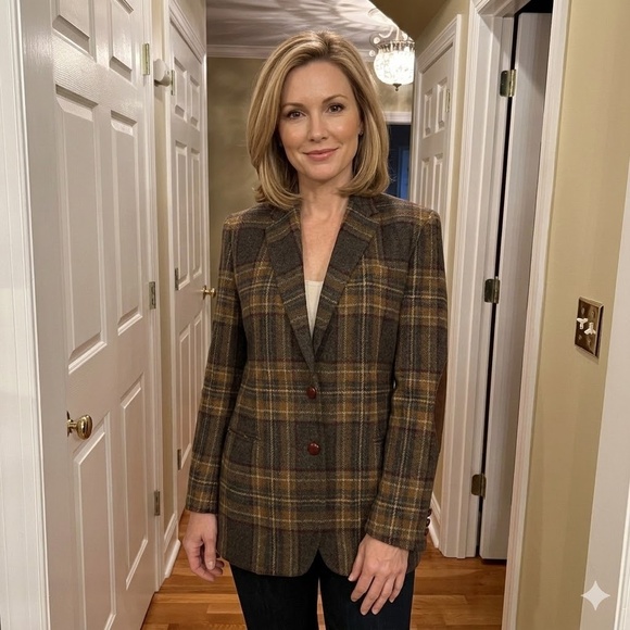 EUC Women's Lauren Ralph Lauren Brown Plaid Wool Blazer Elbow Patches Size 16 - Picture 2 of 8